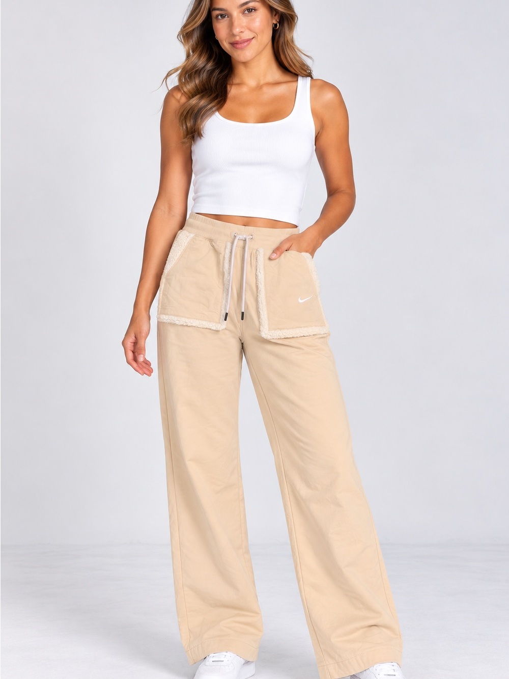 Nike Beige Wide-Leg Track Pants with Sherpa-Trim Pockets